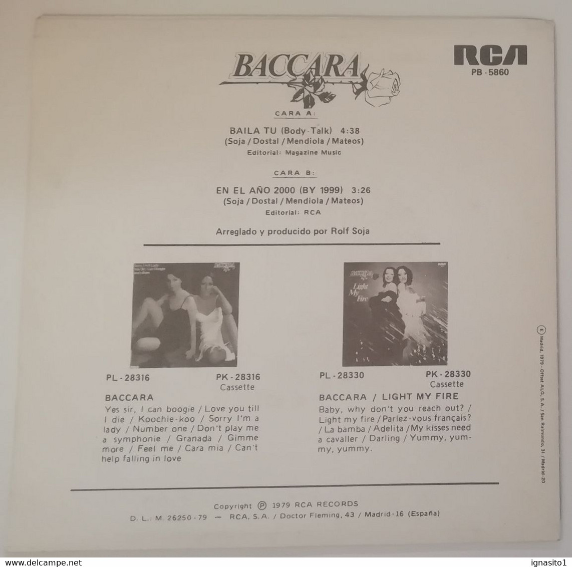 BACCARA - Baila Tu / En El Año 2000  -  Disco Promocional - Año 1979 - Other - Spanish Music