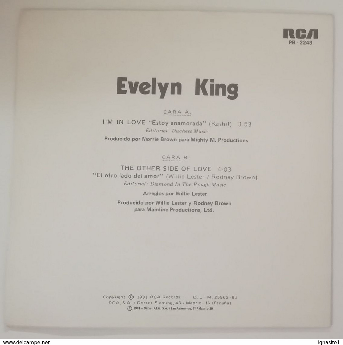 Evelyn King I`m In Love / The Other Side Of Love - Disco Promocional - Año 1981 - Otros - Canción Española