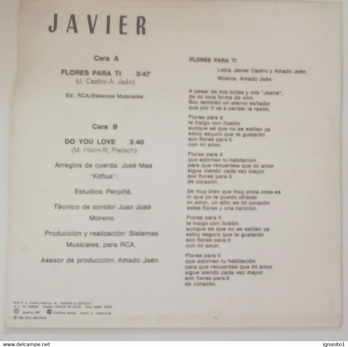 Javier - Flores Para Ti / Do You Love - Disco Promocional - Año 1981 - Otros - Canción Española