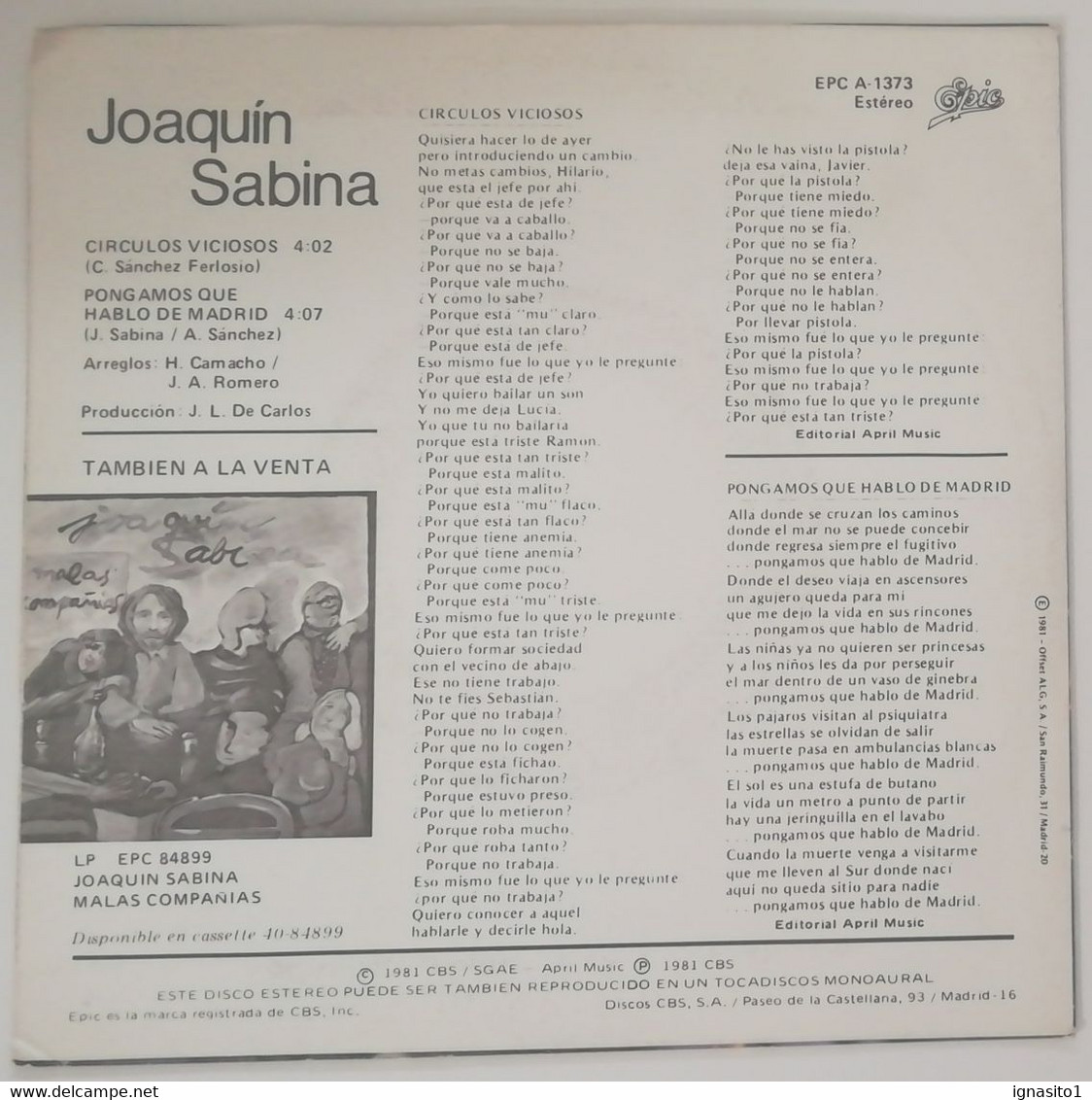 Joaquin Sabina - Círculos Viciosos / Pongamos Que Hablo De Madrid - Disco Promocional - Año 1981 - Otros - Canción Española