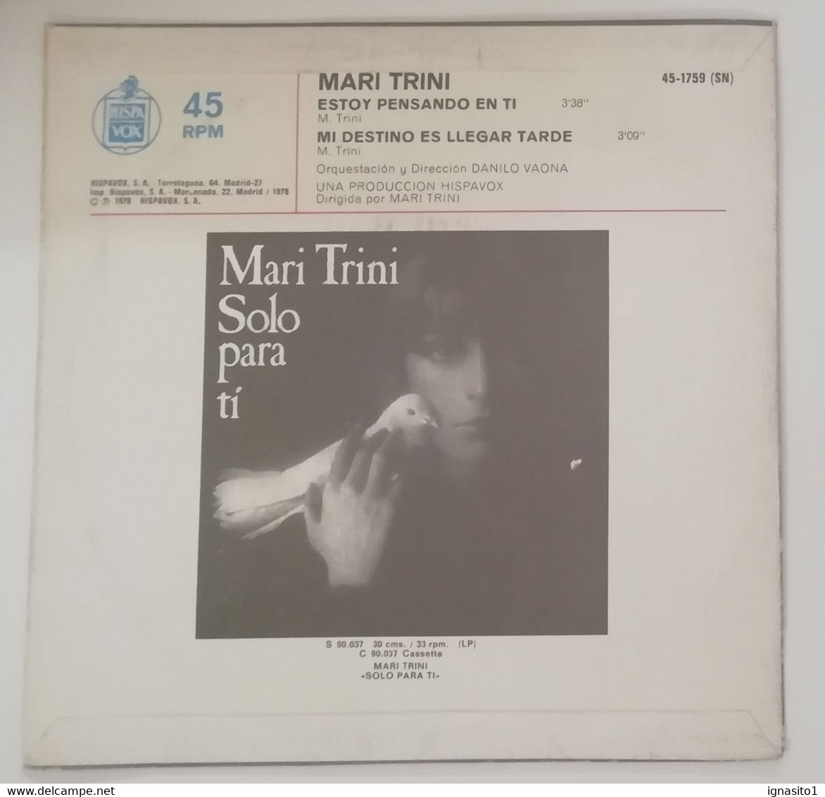 Mari Trini - Estoy Pensando En Ti / Mi Destino Es Llegar Tarde - Disco Promocional - Año 1978 - Other - Spanish Music