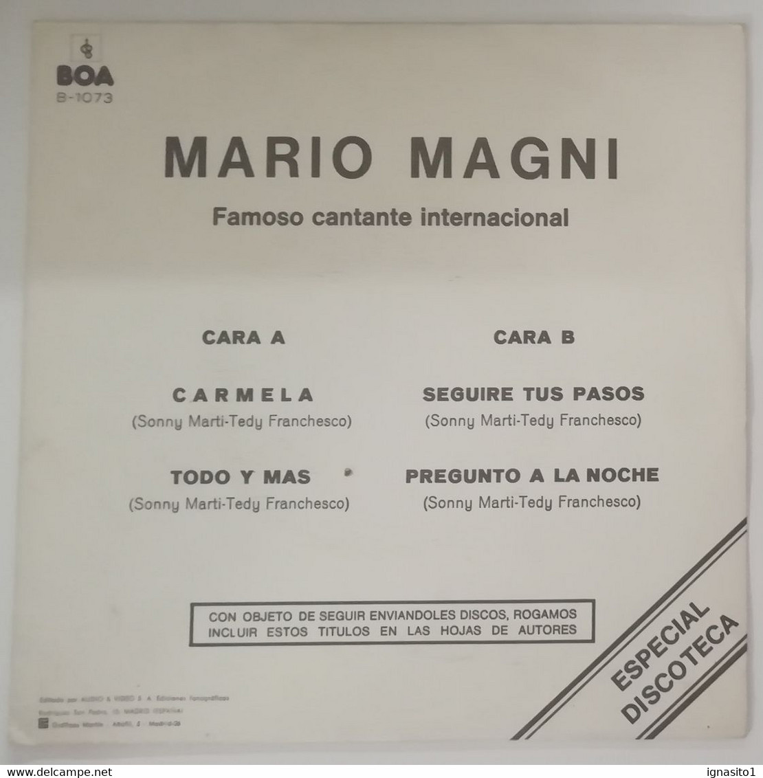 Mario Magni - Carmela / Todo Y Mas / Seguire Tus Pasos / Pregunto A La Noche - Año 1975 - Autres - Musique Espagnole