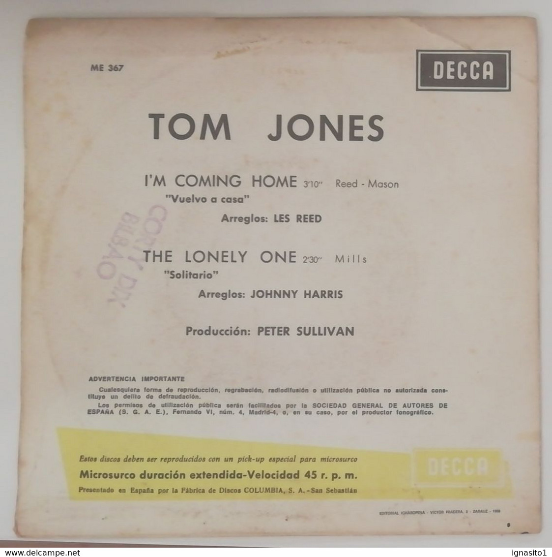 Tom Jones - I`m Coming Home / The Lonely One - Año 1968 - Altri - Musica Spagnola