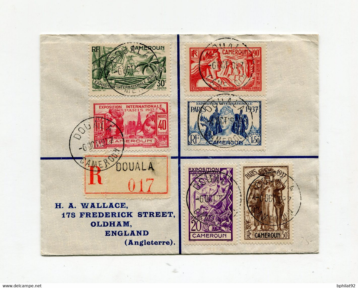 !!! SERIE EXPO 1937 SUR LETTRE RECO DE DOUALA POUR L'ANGLETERRE DE 1937 - Brieven En Documenten