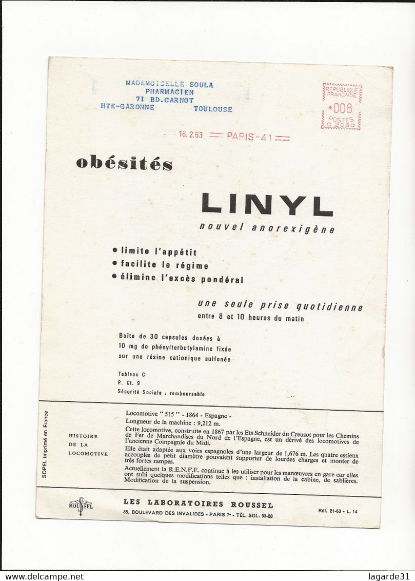 LABORATOIRES ROUSSEL Chemin De Fer *HISTOIRE DE LA LOCOMOTIVE 515-1864-Espagne SOULA PHARMACIE TOULOUSE - Chemin De Fer