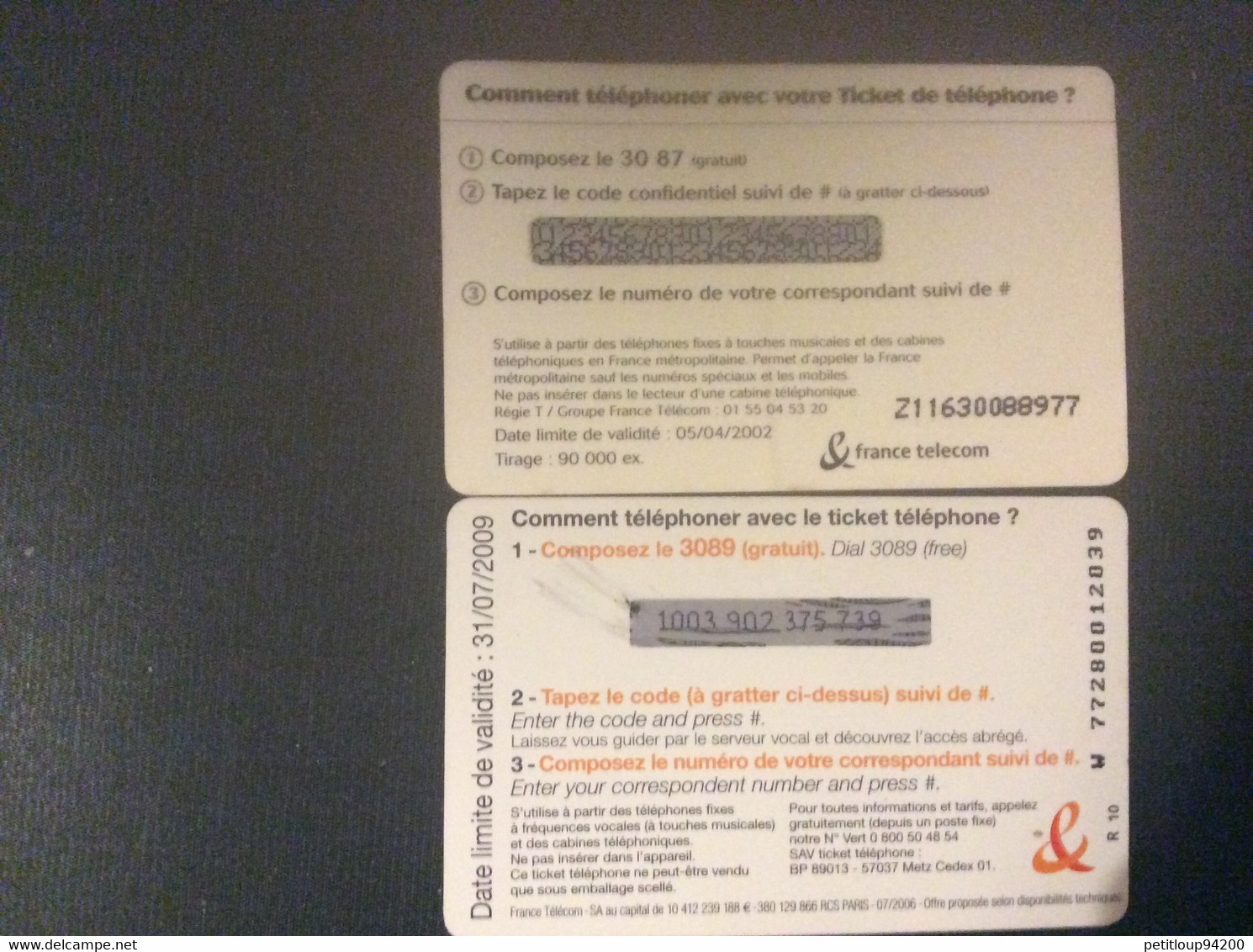 2 TICKETS FRANCE TELECOM   *15mn Hell’o  *10€ Rugby - FT