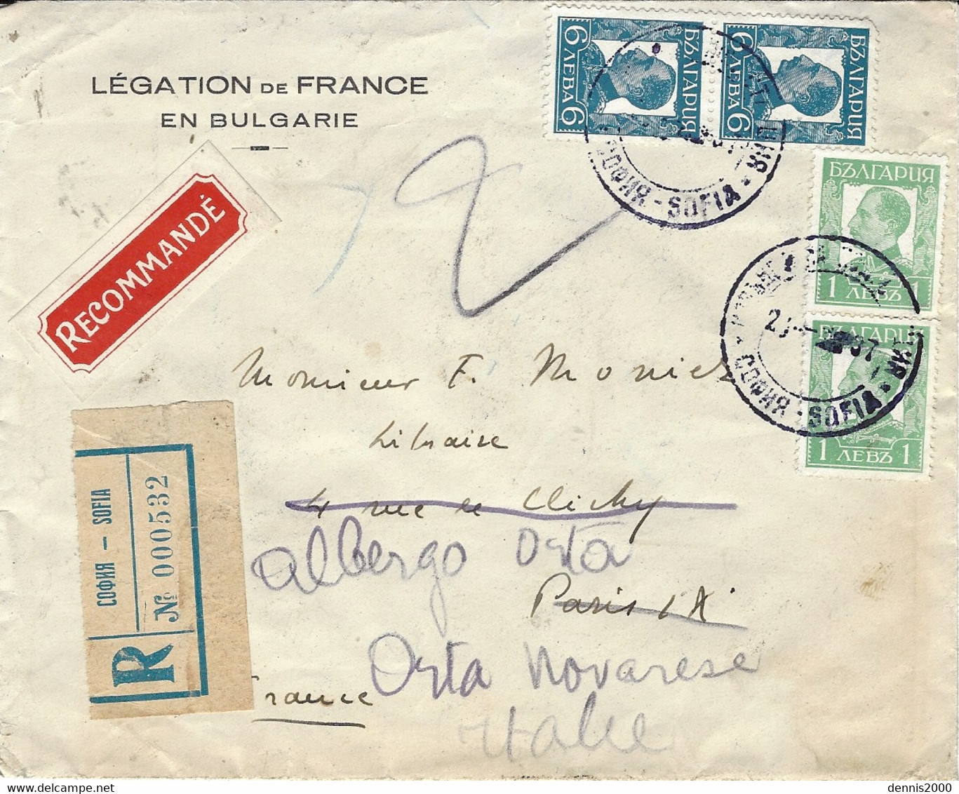 1937 - Enveloppe RECC. De SOFIA  étiquette De Recc. Affr. à 14 L.  Pour La France -réexpédition En Italie - Storia Postale