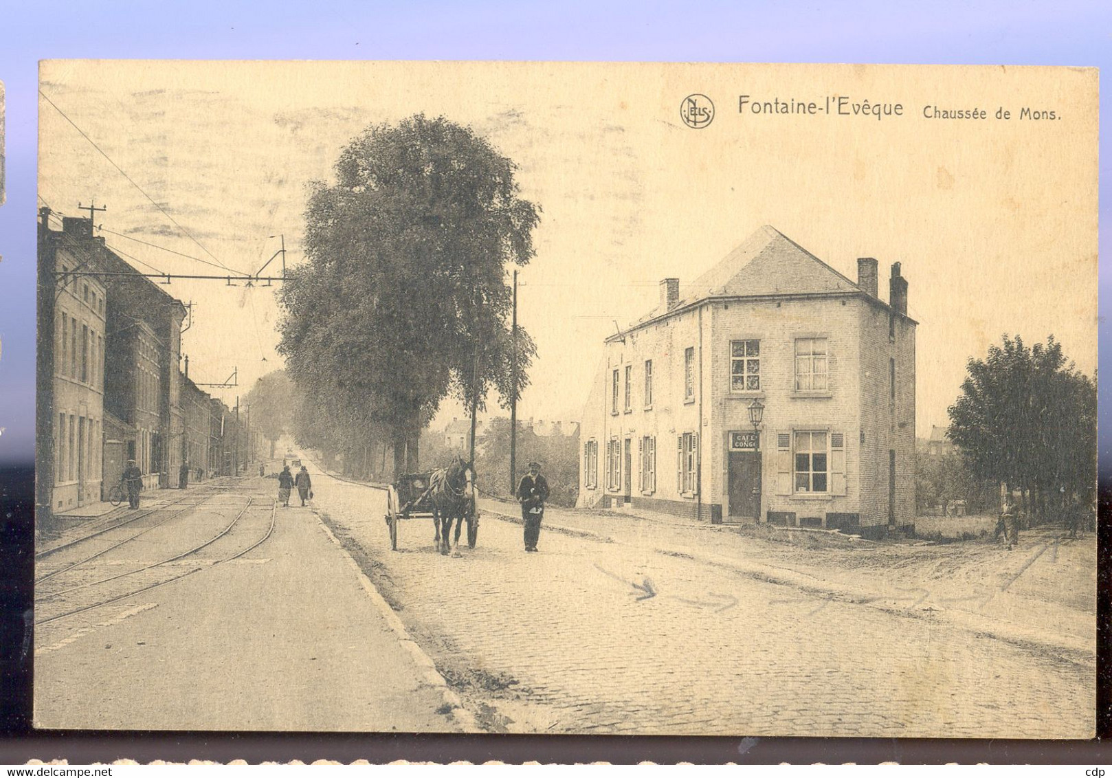 Cpa Fontaine L'évêque  1936  Attelage  Café - Fontaine-l'Eveque