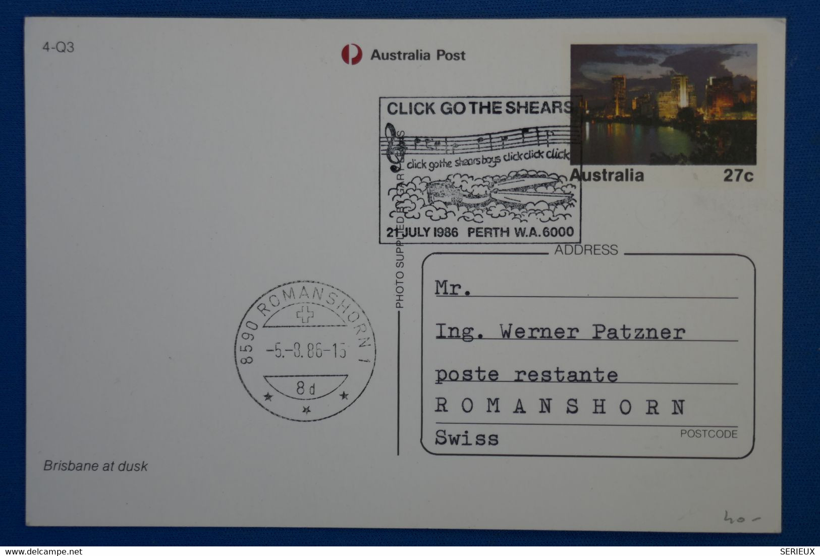 X5 AUSTRALIA BELLE  CARTE 1986  PERTH POUR ROMANSHORN SUISSE+AFFRANCH. INTERESSANT - Lettres & Documents