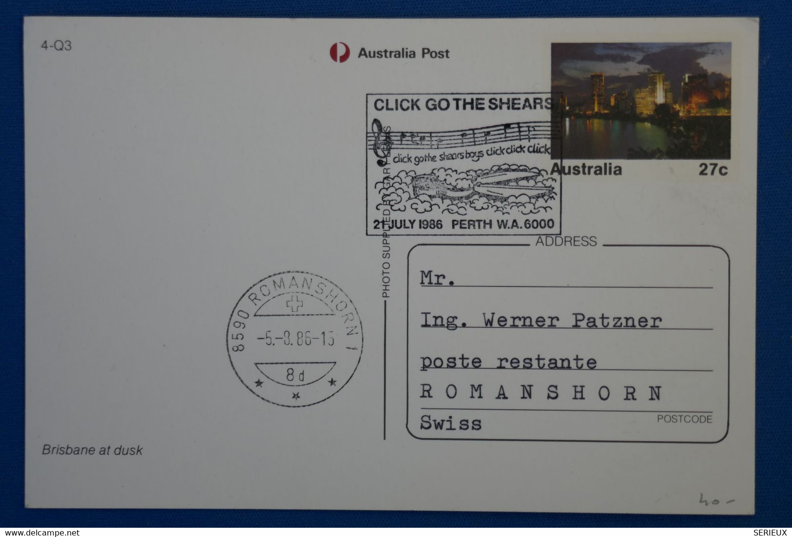 X5 AUSTRALIA BELLE  CARTE 1986  PERTH POUR ROMANSHORN SUISSE+AFFRANCH. INTERESSANT - Covers & Documents