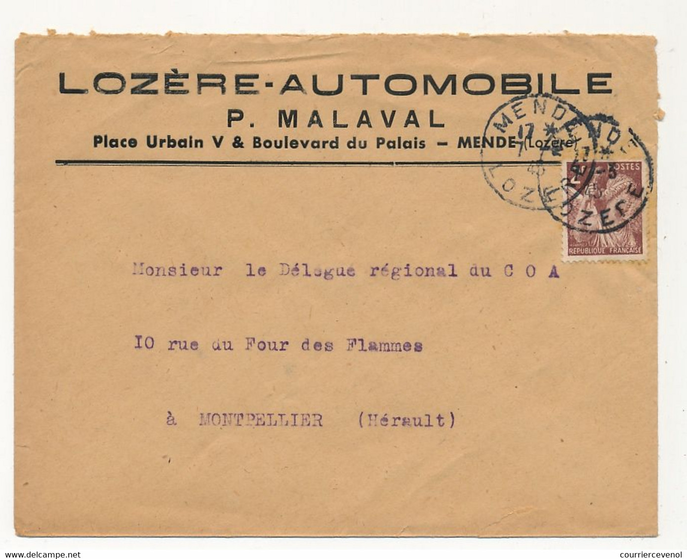 FRANCE - Env. En-tête "Lozère Automobile - P. MALAVAL - Mende (Lozère)" Affr 2F Iris Cad 1945 - Automobil
