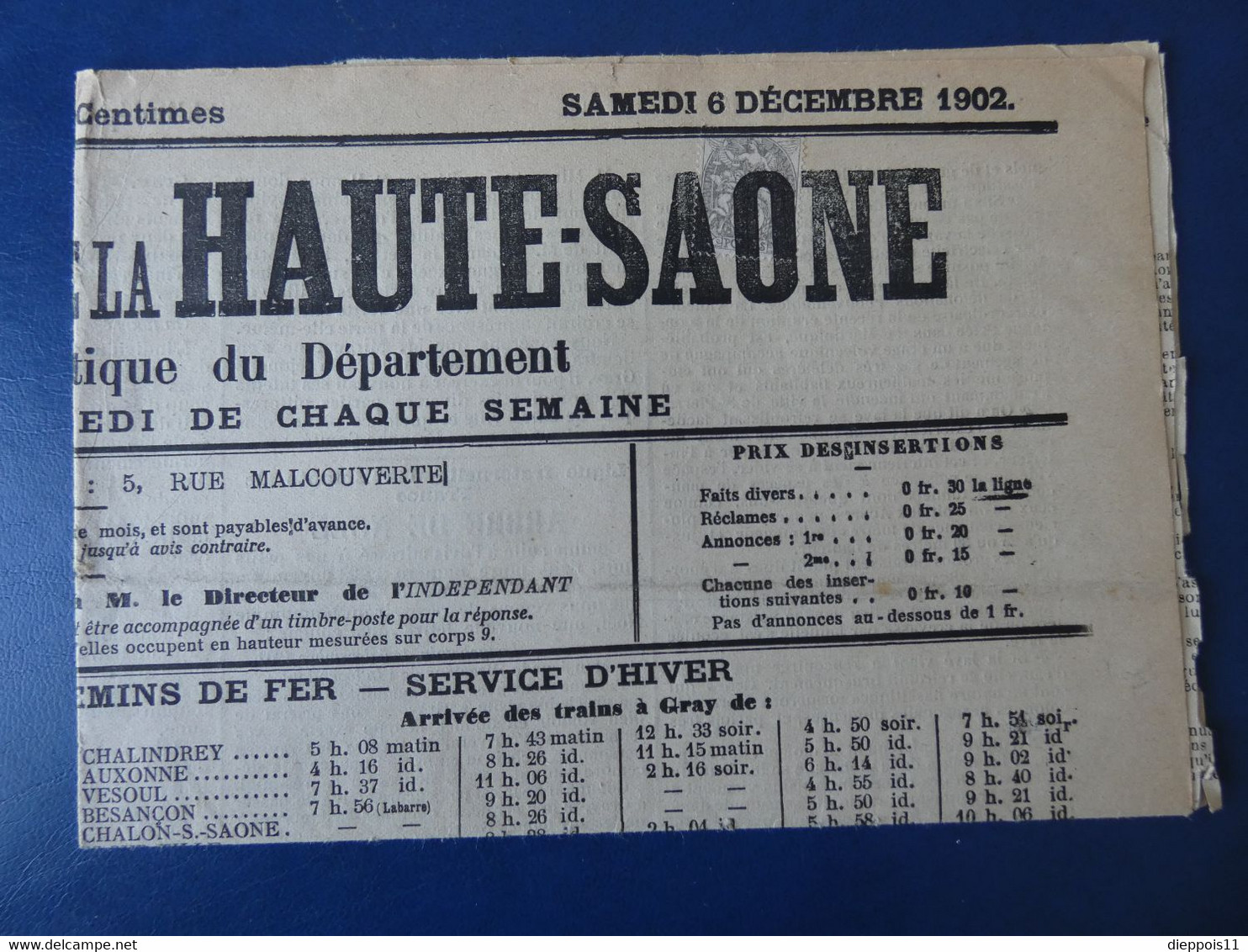 France Type Blanc 1c Gris N°107 Annulation Typographique De Journaux Sur L'indépendant De La Haute-Saône 6 Dec 1902 - Covers & Documents