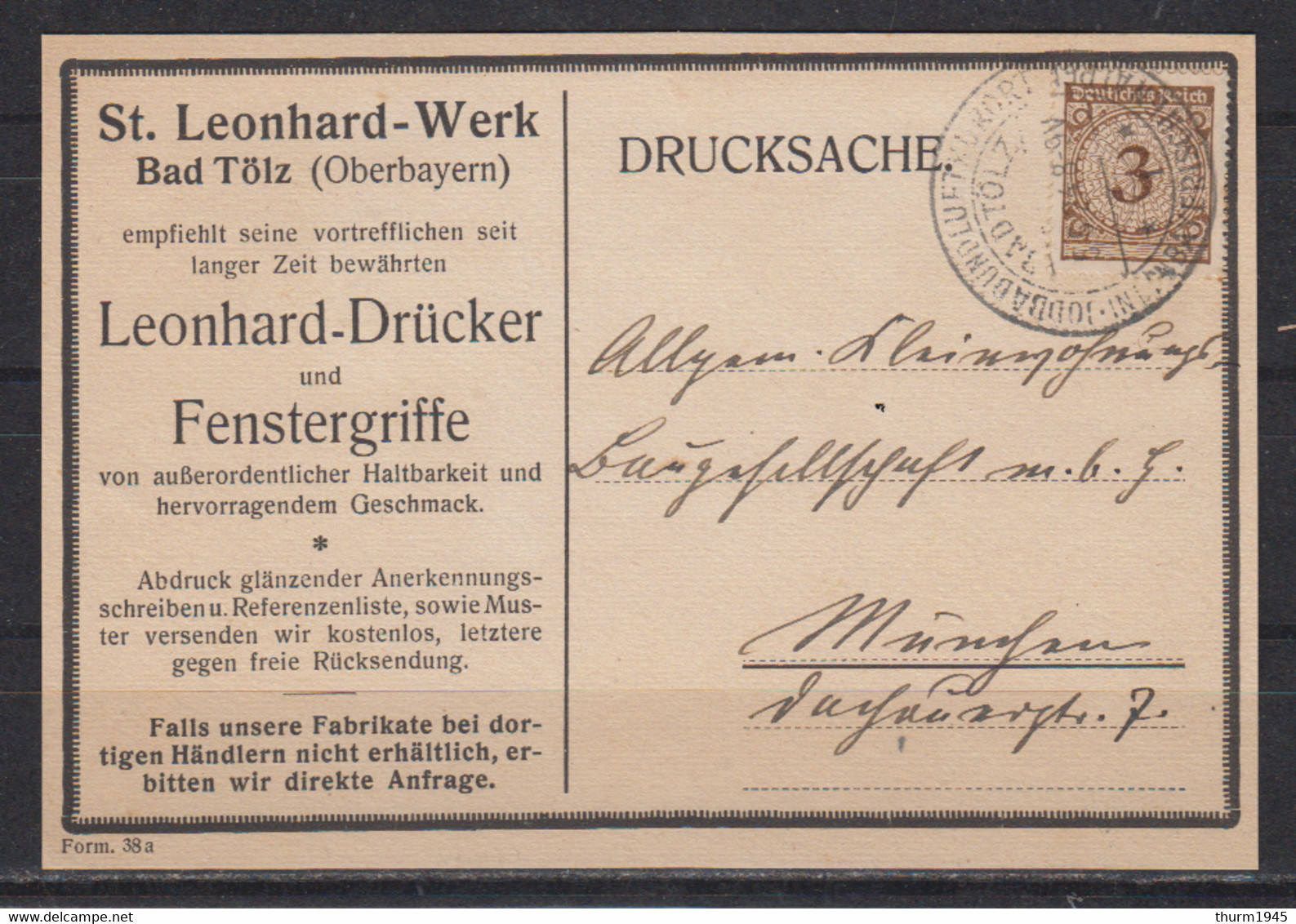 Dt.Reich SSt " Bad Tölz 1924 / Jodbad ..  " Auf Werbedrucksache St.Leonhard-Werk EF 338 - Brieven En Documenten