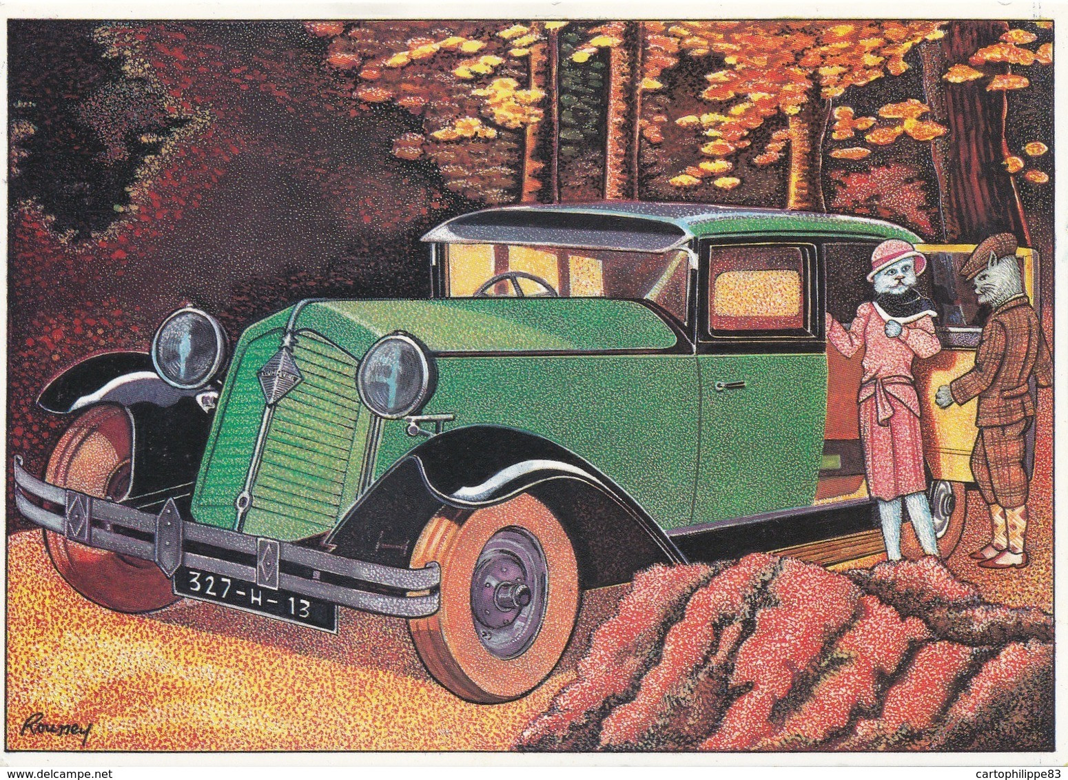 Illustrateur ROUSSEY ANDRE PROMENADE EN FORET REINASTELLA  VOITURE RENAULT 1927 CHATS - Roussey