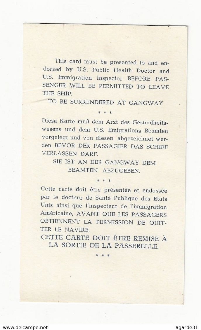 Landing Card For Tourist Class Carte D'arrivée Quebec 1957 - Other & Unclassified