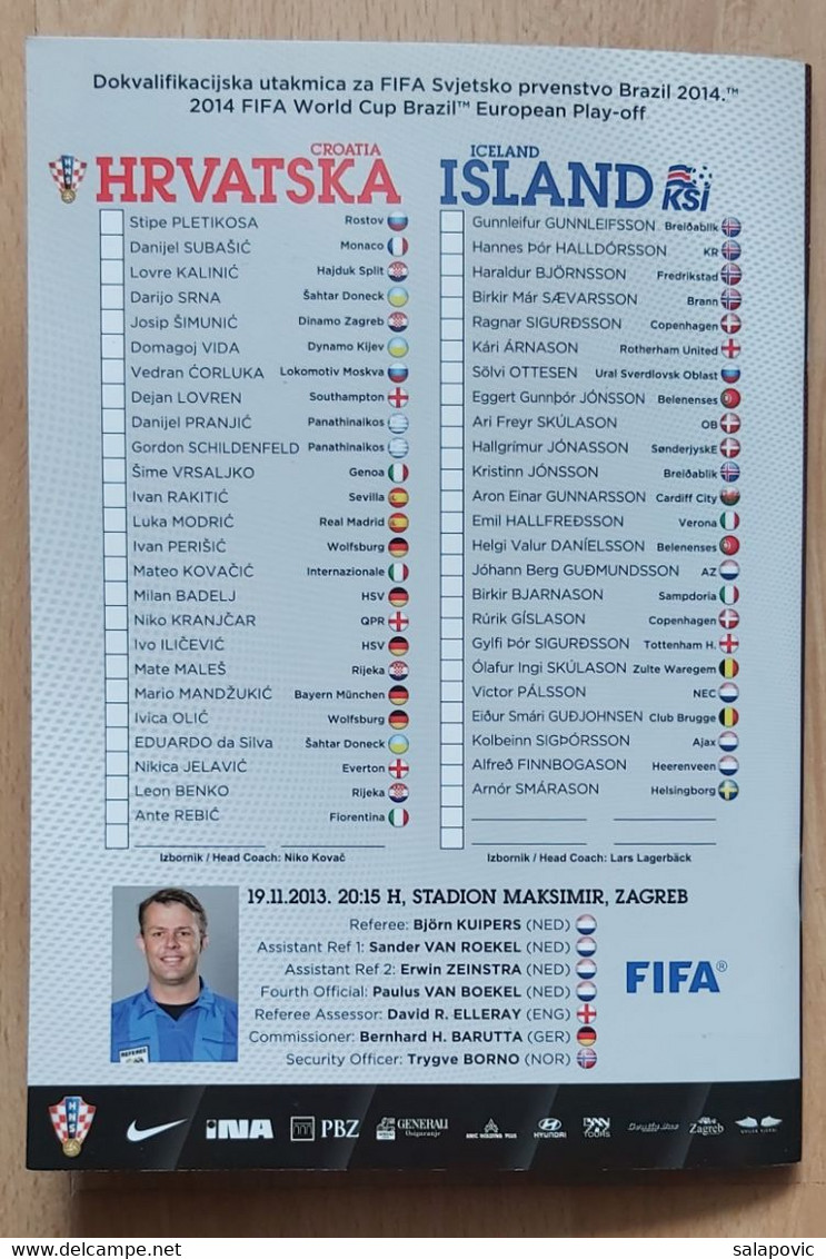 CROATIA vs ICELAND, QUALIFICATIONS FOR FIFA WORLD CUP BRAZIL 2014,  7. 6. 2013 FOOTBALL CROATIA FOOTBALL MATCH PROGRAM