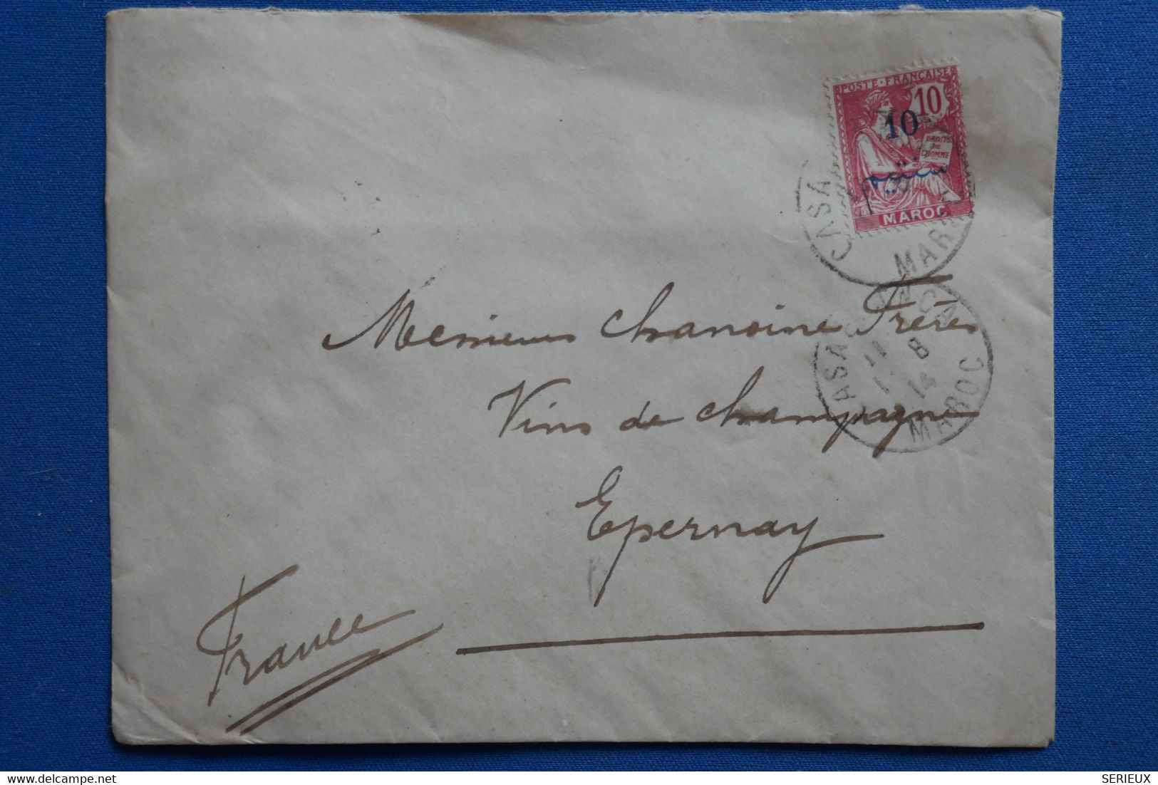 X6   MAROC BELLE LETTRE   1914  CASBLANCA  A EPERNAY FRANCE + +AFFRANCH.INTERESSANT - Covers & Documents