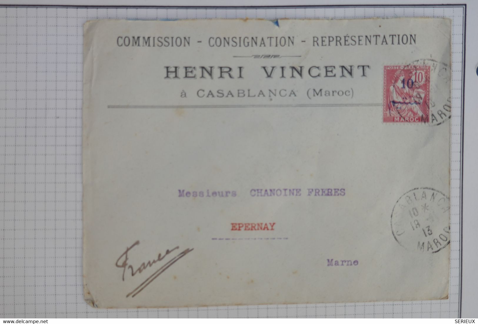 X6   MAROC ESPANOL BELLE  LETTRE PRIVE 1913   CASABLANCA  POUR EPERNAY +SURCHARGE + SURCHARGE ROUGE++AFFRANCH.  PLAISANT - Maroc Espagnol