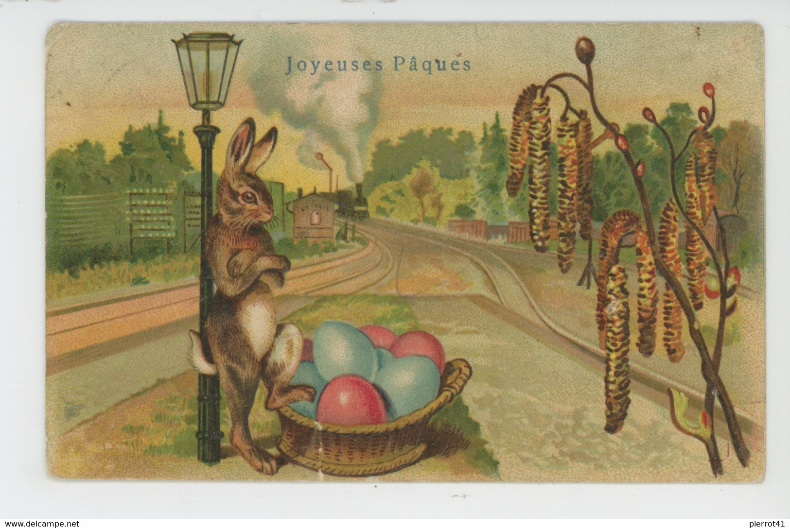 LAPINS - RABBIT - Jolie Carte Fantaisie Gaufrée Lapin Avec Oeufs Attendant Le Train De "Joyeuses Pâques" (embossed PC ) - Pasqua