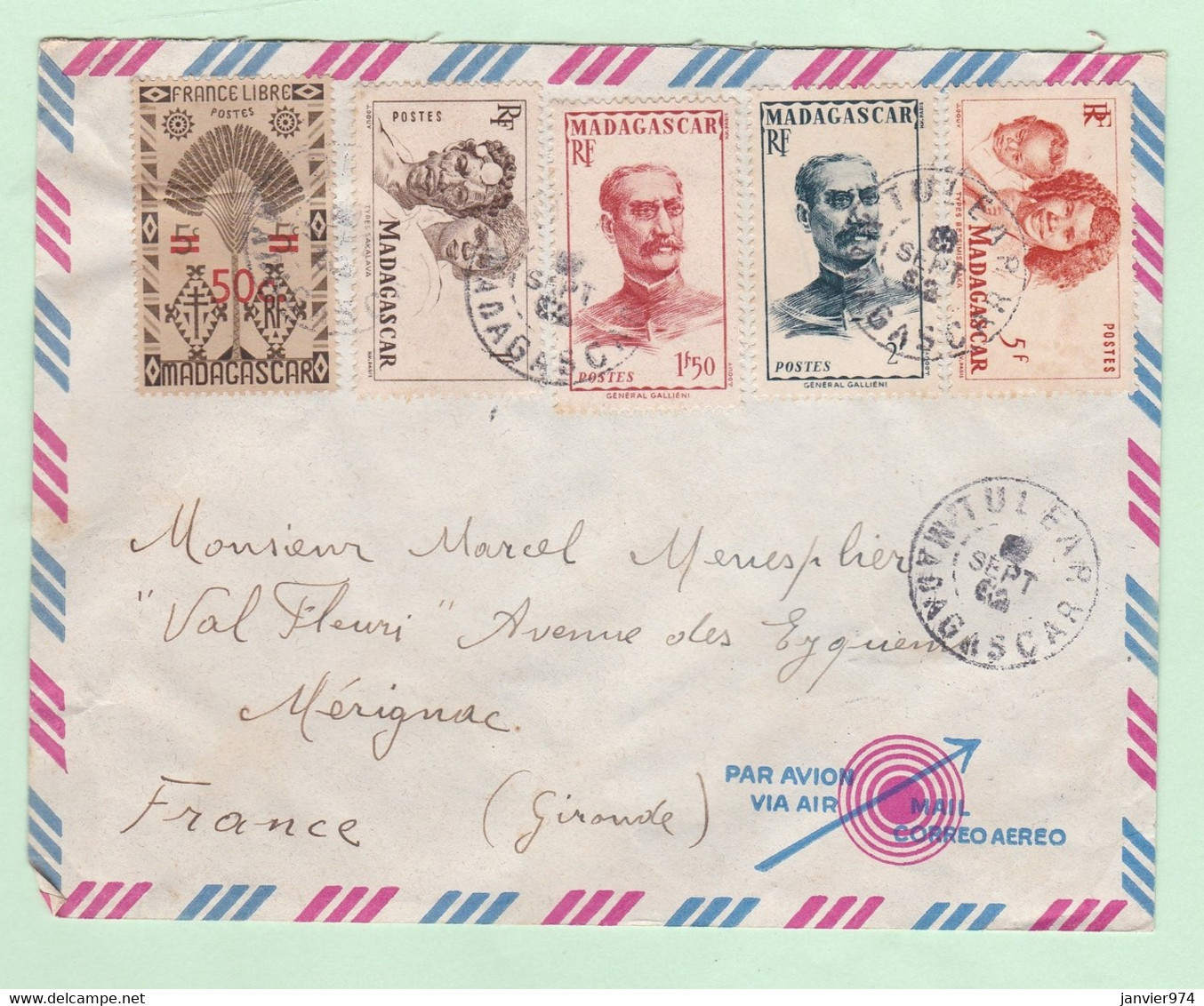 Lettre 1952 Madagascar Tananarive Pour Mérignac Gironde, 5 Timbres – France Libre - Lettres & Documents