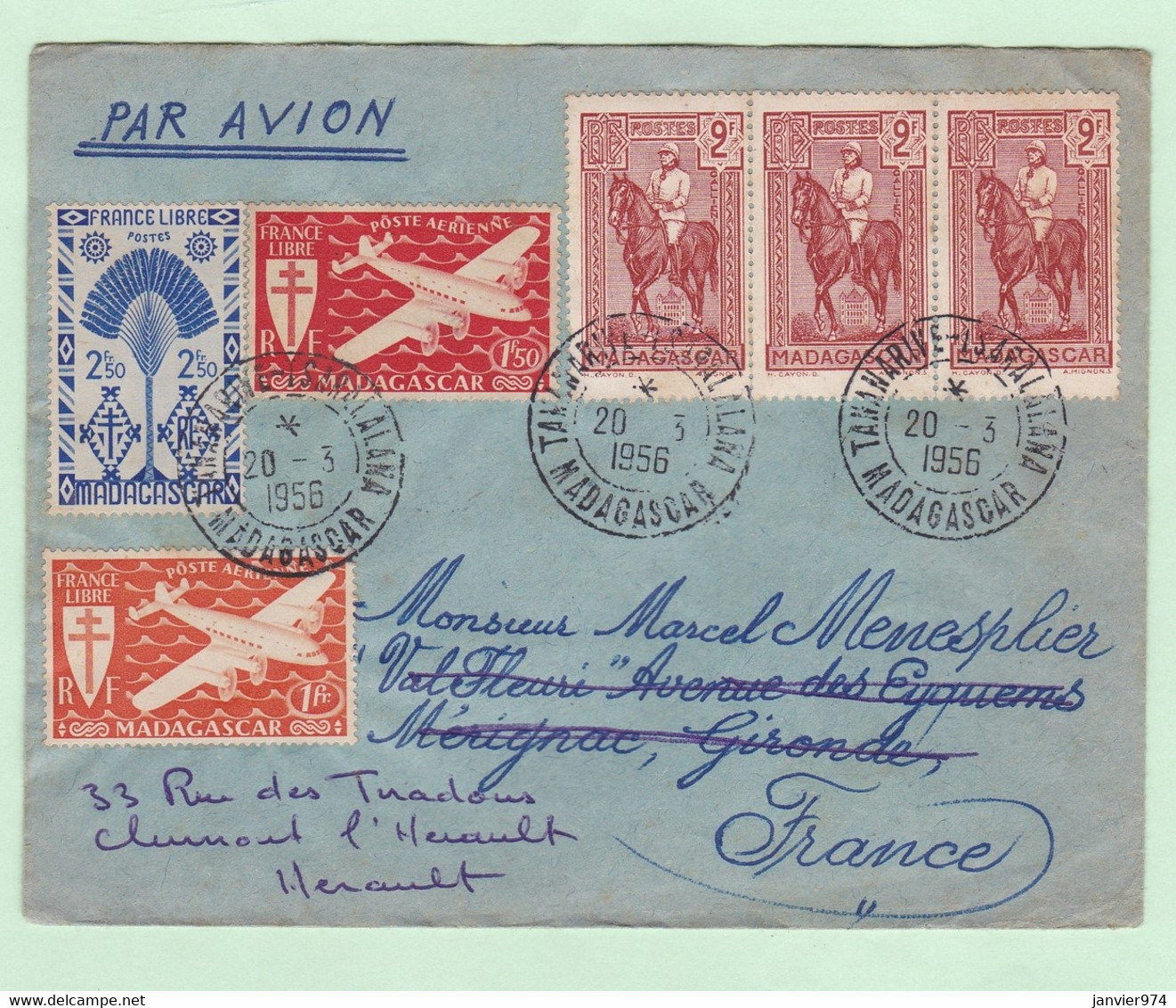 Lettre 1956 Madagascar Tananarive Pour Mérignac Gironde, 10 Timbres – France Libre - Poste Aérienne - Storia Postale