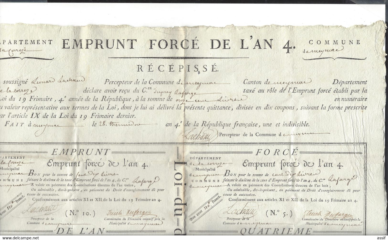 Emprunt Forcé De L'An 4 Corrèze Meymac Citoyen Lafarge 8 Bons /10  , Chaque 110 Livres Feuille 37,8 X 49,5 Cm - Assignats