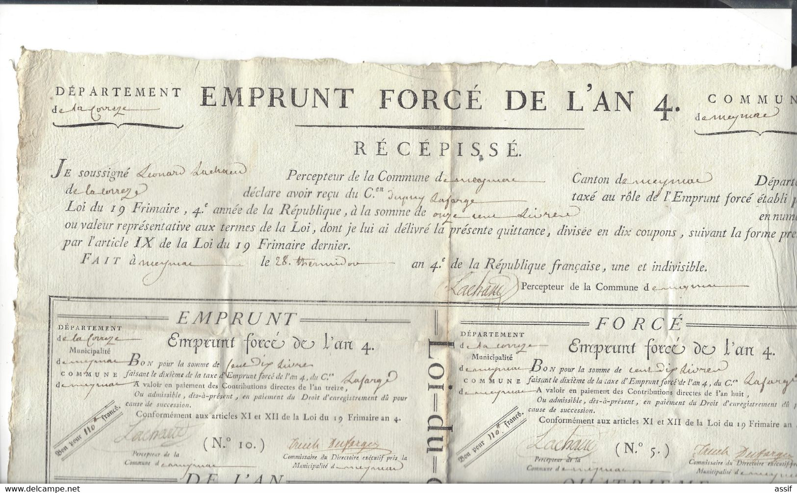 Emprunt Forcé De L'An 4 Corrèze Meymac Citoyen Lafarge 8 Bons /10  , Chaque 110 Livres Feuille 37,8 X 49,5 Cm - Assignats & Mandats Territoriaux