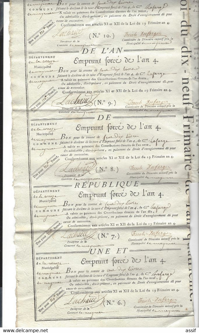 Emprunt Forcé De L'An 4 Corrèze Meymac Citoyen Lafarge 8 Bons /10  , Chaque 110 Livres Feuille 37,8 X 49,5 Cm - Assignats & Mandats Territoriaux