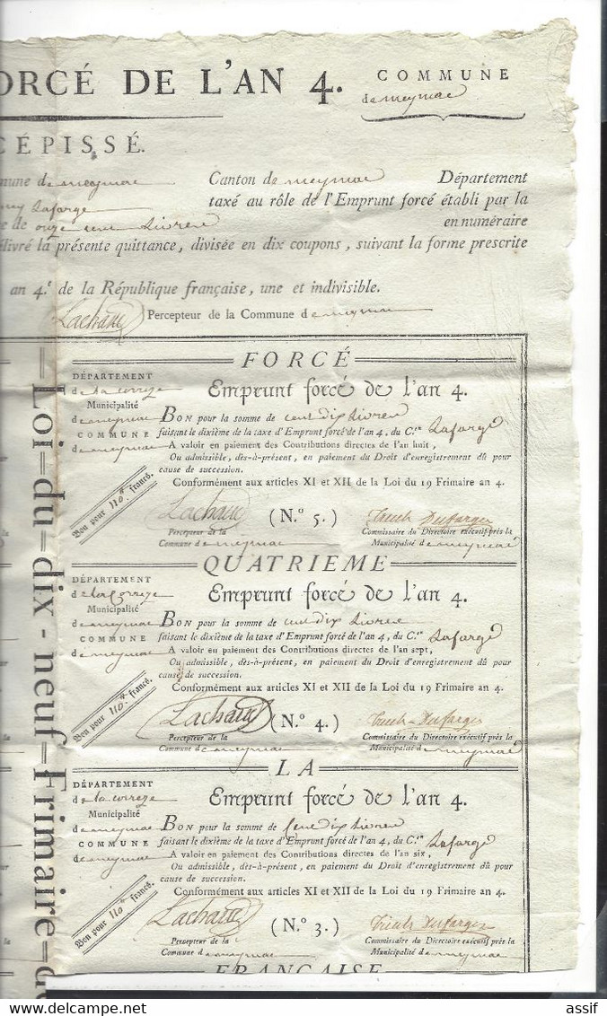 Emprunt Forcé De L'An 4 Corrèze Meymac Citoyen Lafarge 8 Bons /10  , Chaque 110 Livres Feuille 37,8 X 49,5 Cm - Assignate