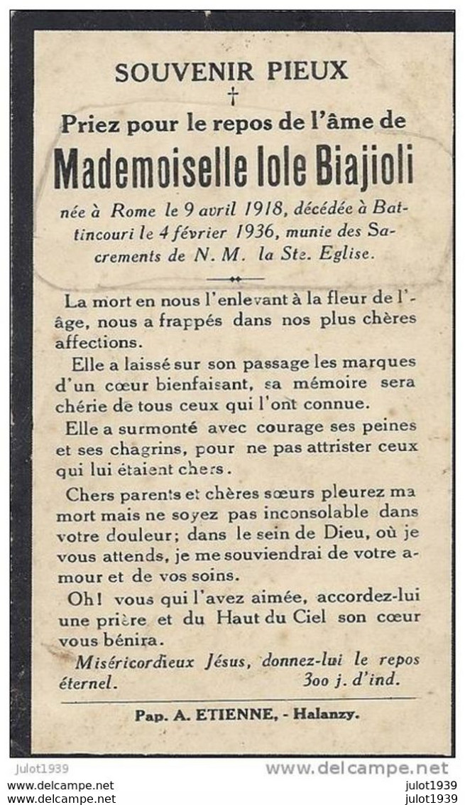 BATTINCOURT ..-- Mademoiselle Iole BIAJIOLI , Décédée En 1936 , Née En 1918 à ROME . - Aubange