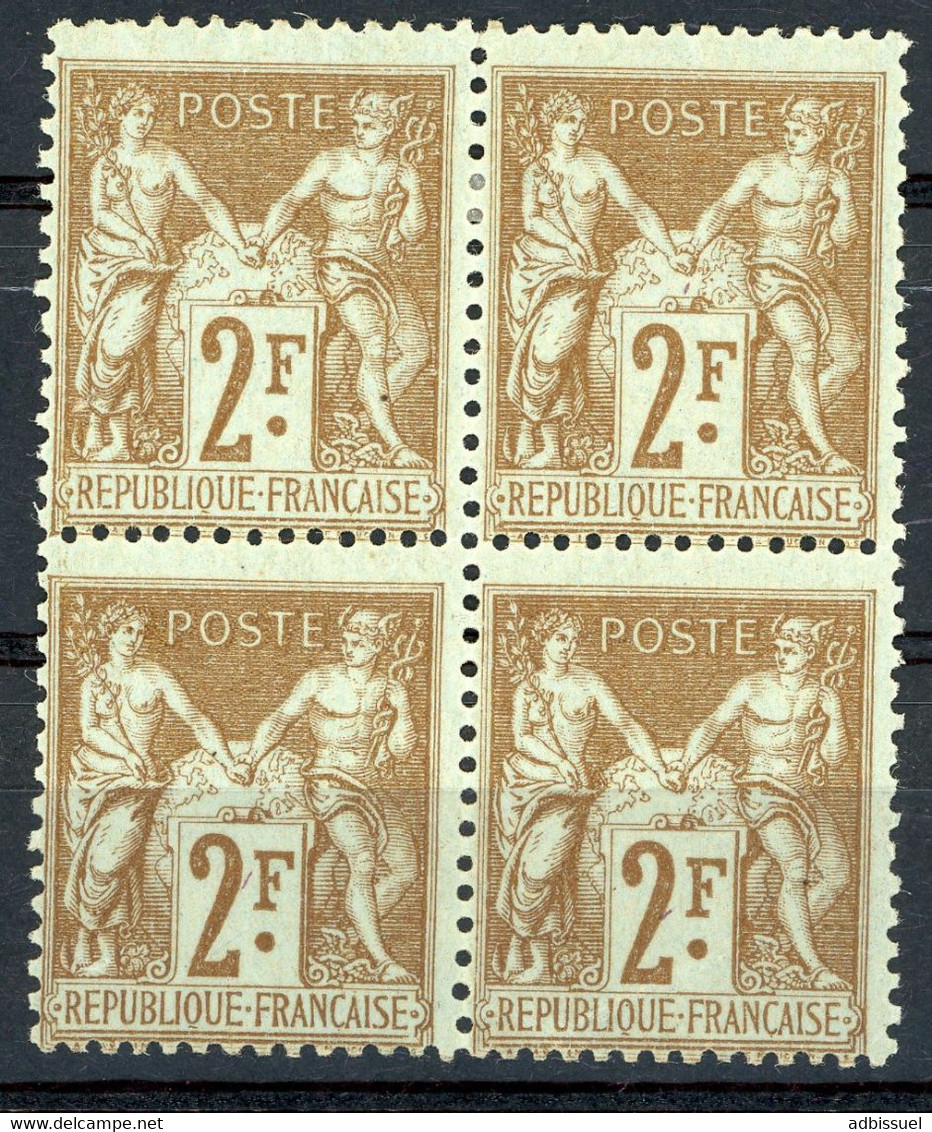 N° 105 COTE 950 € Bloc De Quatre Du 2Fr Sage Type II (N Ous U) AVEC GOMME D'ORIGINE. NEUF * (MH) - 1898-1900 Sage (Tipo III)