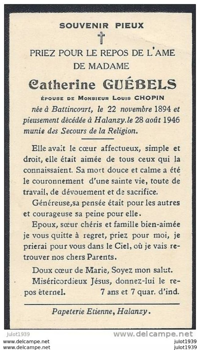 BATTINCOURT , Mme Catherine GUEBELS , épouse De Mr Louis CHOPIN , Née En 1894 , Décédée En 1946 à HALANZY . - Aubange