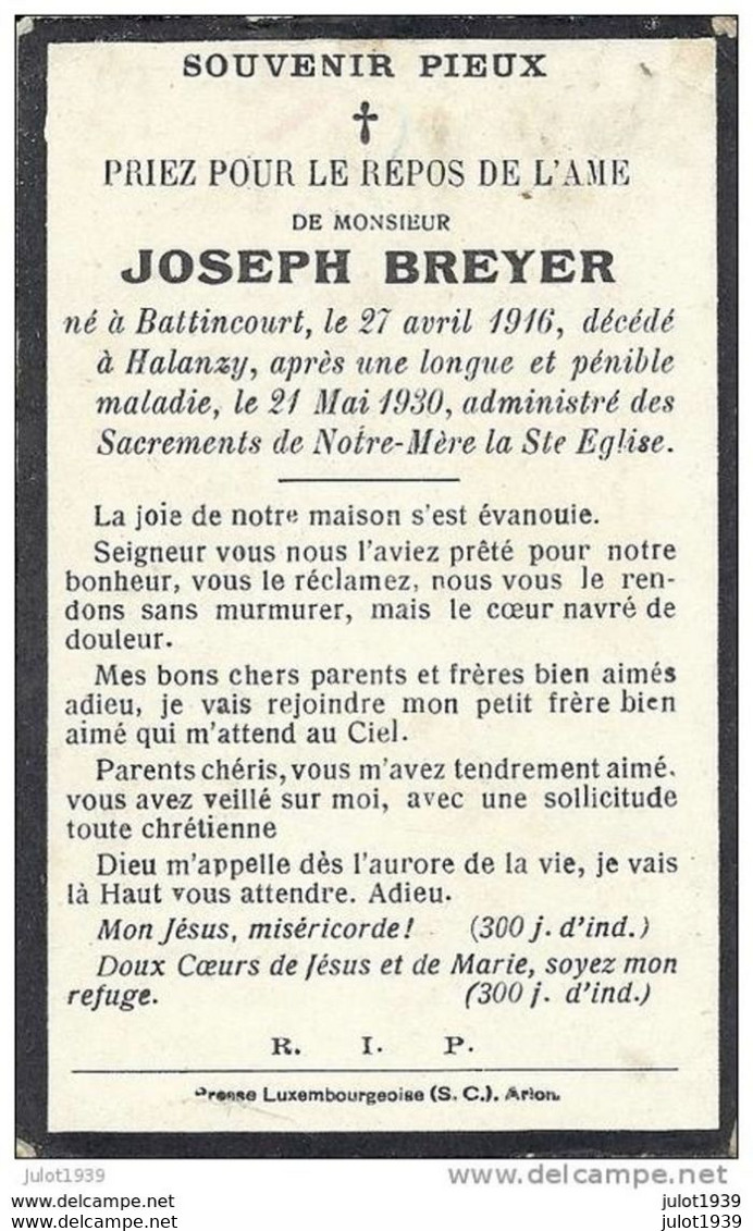 BATTINCOURT ..-- Mr Joseph BREYER , Né En 1916 , Décédé En 1930 à HALANZY . - Aubange