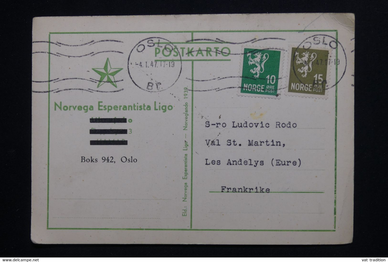 NORVÈGE - Carte Espéranto De Oslo Pour La France En 1947 - L 101629 - Lettres & Documents