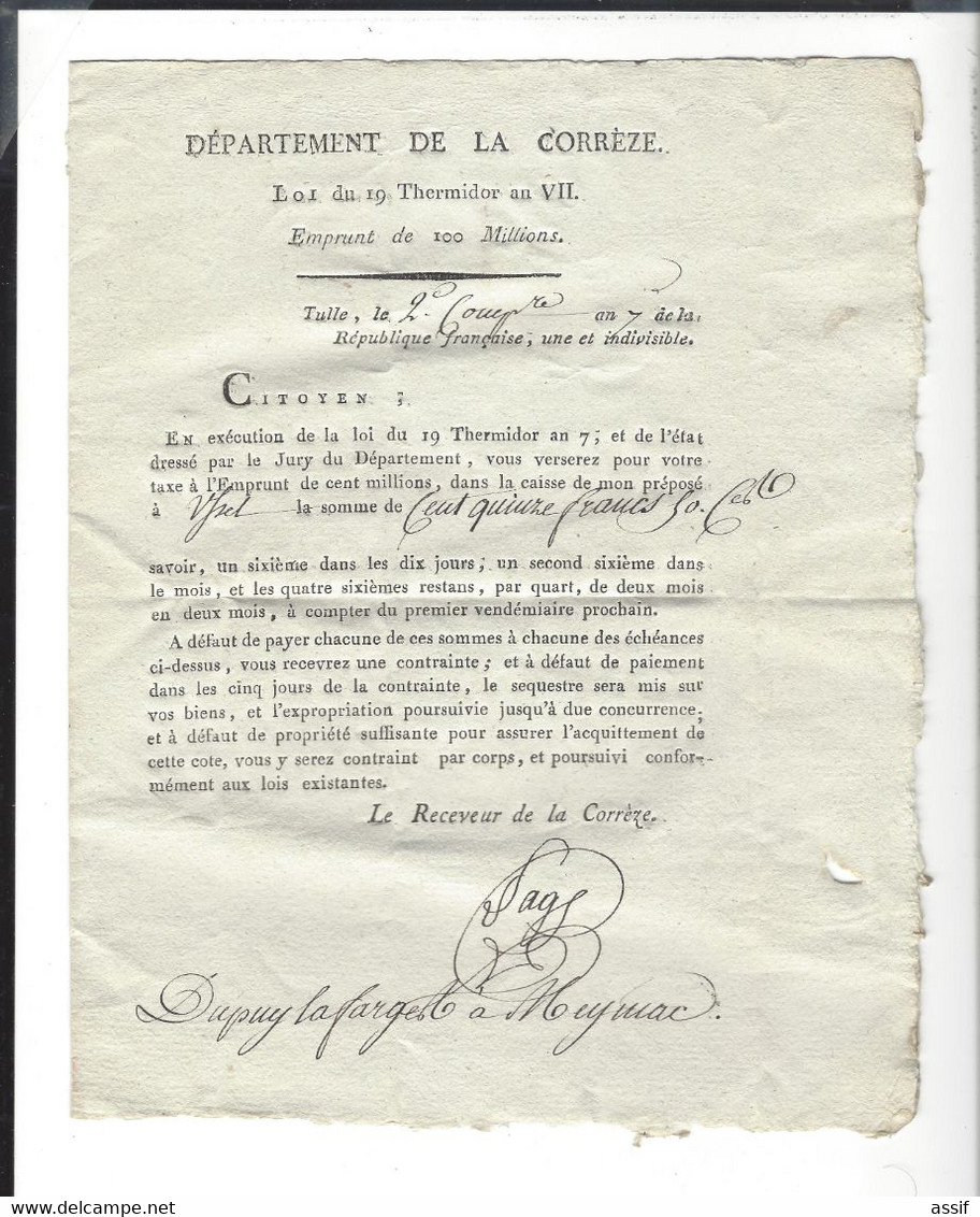 Corrèze Meymac An VII  Emprunt De 100 Millions Dupuy Lafarge Assujetti Pour 115,50 Francs - Historical Documents