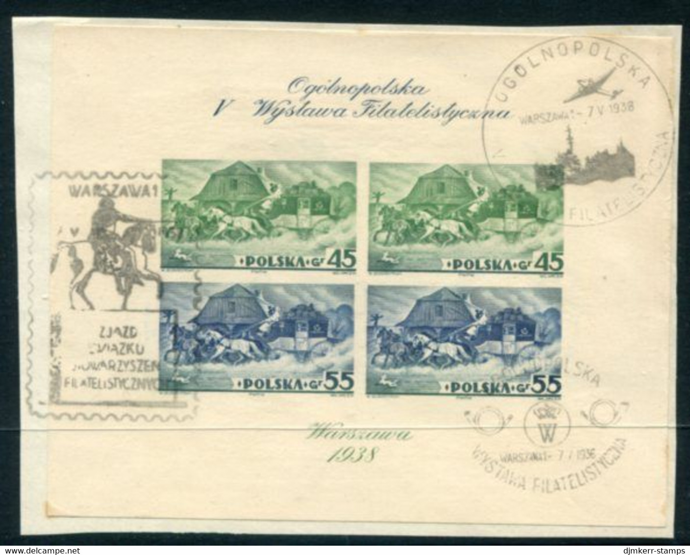 POLAND 1938 Warsaw Exhibition Imperforate Block Used On Piece.  Michel Block 5B - Blocs & Feuillets