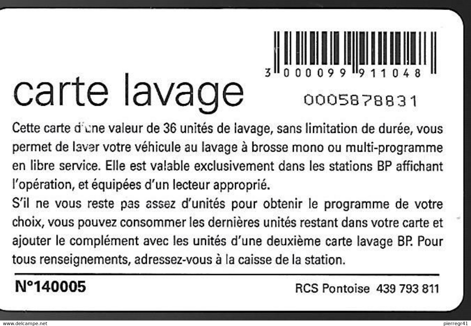 CARTE-PUCE-SA2-LAVAGE-BP-36-UNITES-V° N°140005-BE - Car Wash Cards