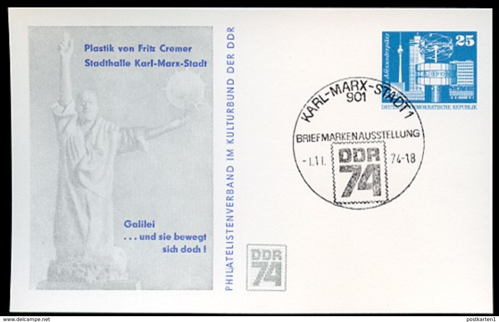 DDR PP17 C2/008 Privat-Postkarte GALILEO GALILEI Skulptur CREMER Chemnitz Sost. 1974  NGK 5,00 € - Private Postcards - Used