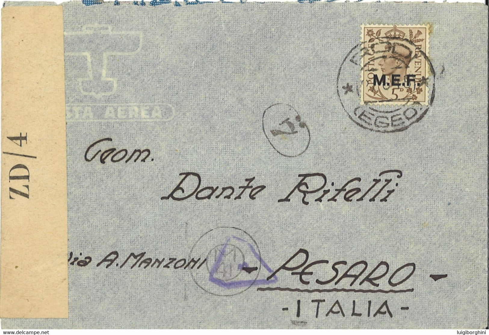 STORIA POSTALE Occupazione Inglese MEF Rodi Egeo 1945 (1247) - Occup. Britannica MEF