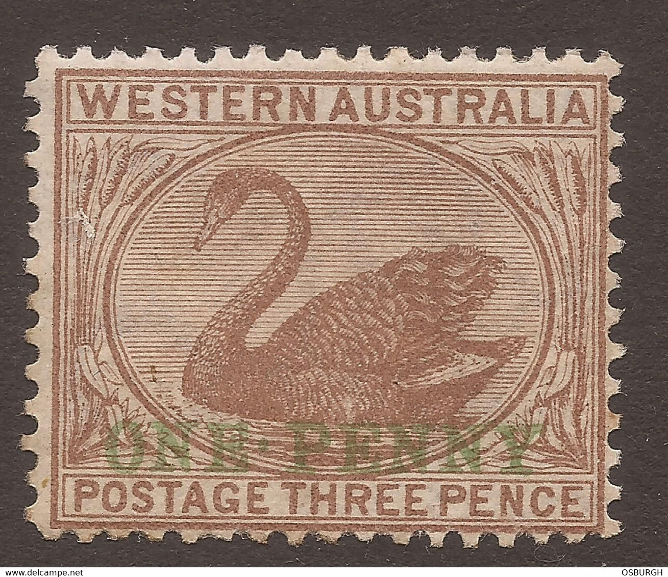 AUSTRALIA / WESTERN. SWAN. OVERPRINT FLAW – FULL STOP BETWEEN “ONE” & “PENNY”. 1d ON 1 1/2d BROWN. MINT NO GUM - Ongebruikt