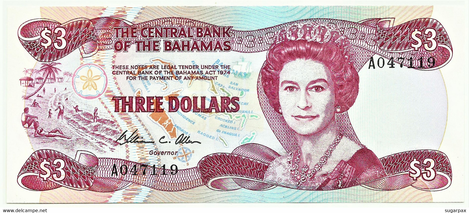 Bahamas - 3 Dollars - L. 1974 ( 1984 ) - Pick: 44 - Unc. - Serie A - Queen Elizabeth II - Bahamas