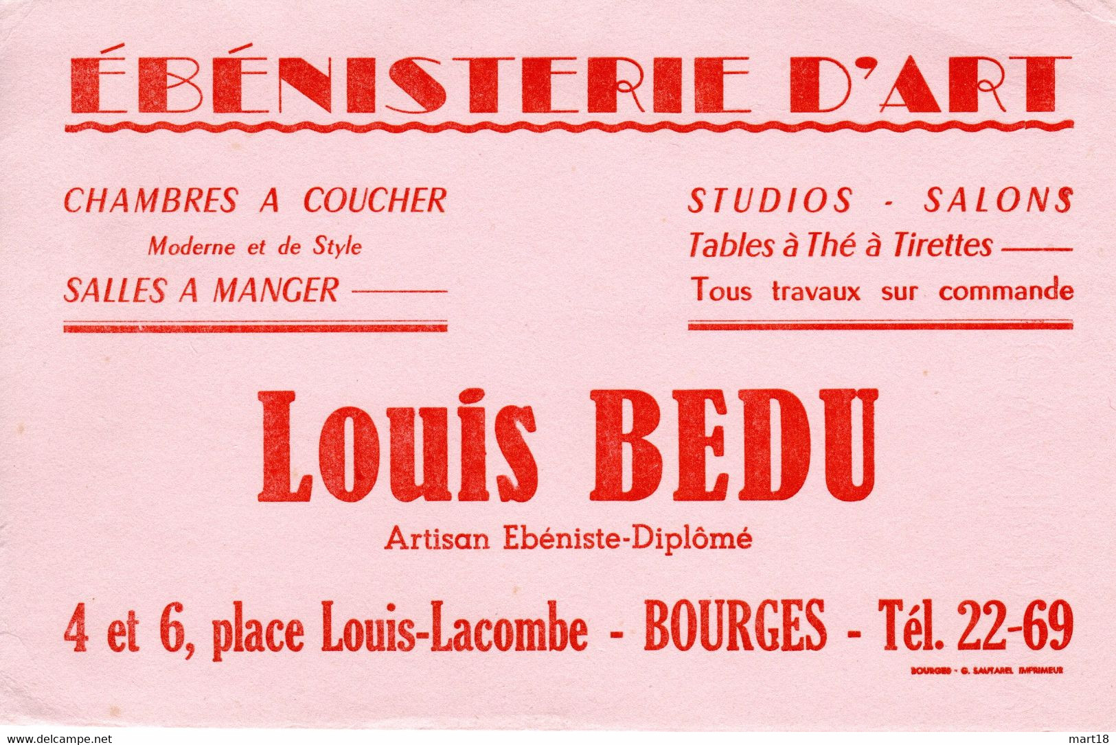 Buvard Louis BEDU à Bourges (18) - Ebénisterie D' Art - Place Louis-Lacombe 1950 - M