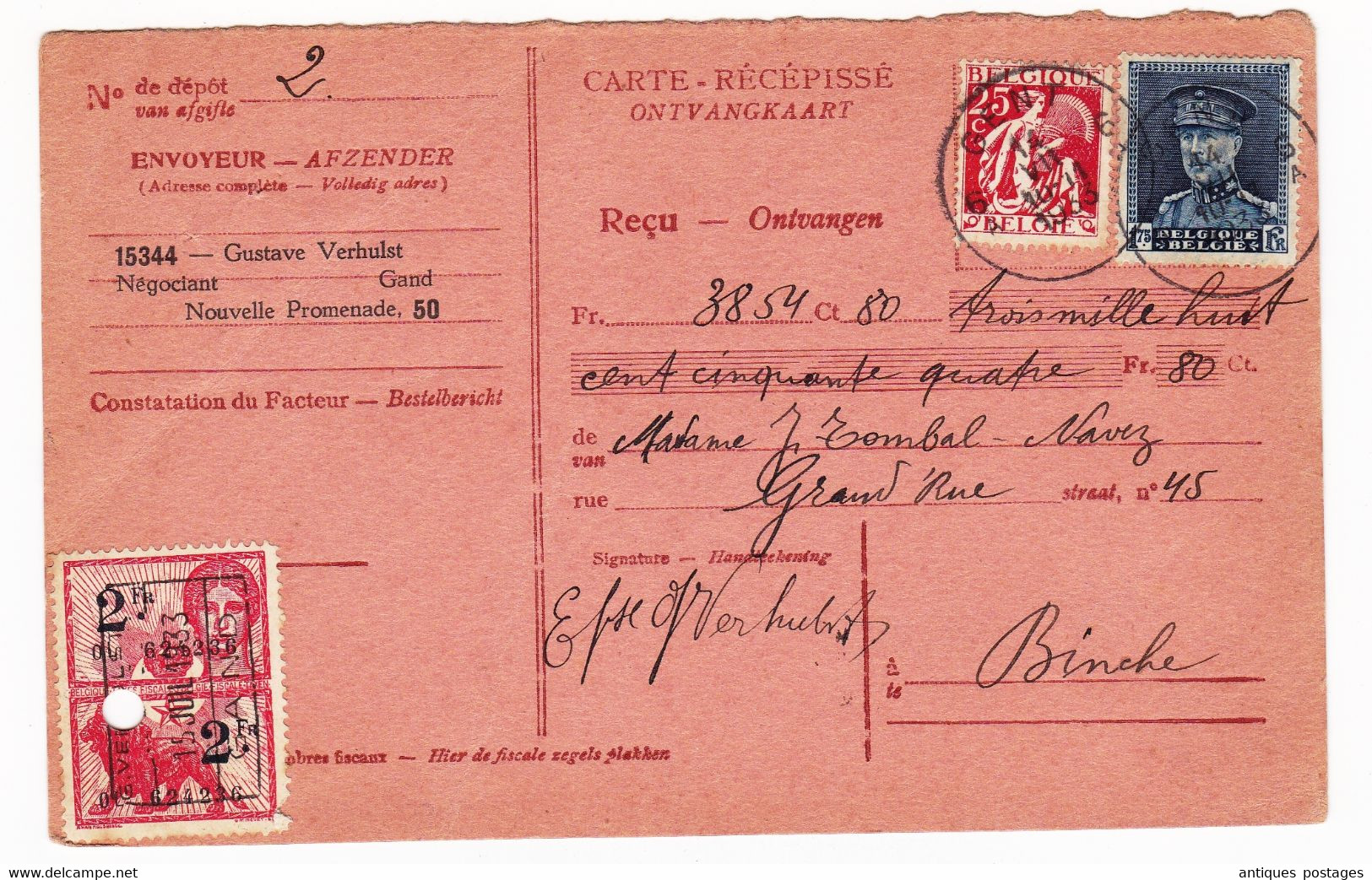 Belgique 1933 Carte Récépissé Reçu Binche Gustave Verhulst Gand Timbre Fiscal - Documenten