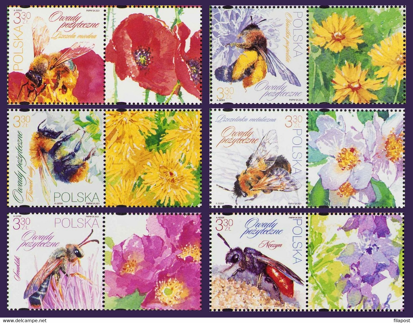 Poland 2021 Beneficial Insects / Bees And Bumblebees, Flowers, Insect, Animal, Bee / Full Set With Tabs Labels  MNH** - Neufs