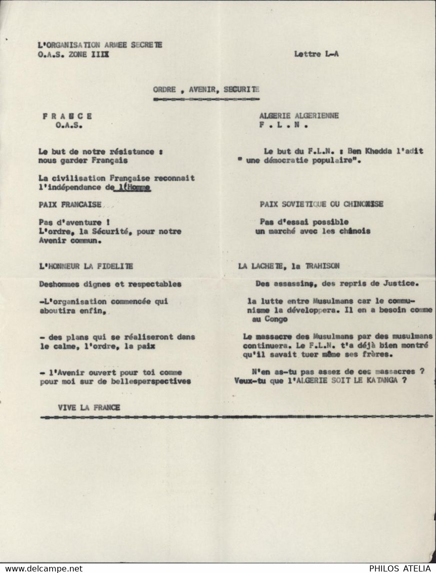 Guerre D'Algérie Tract OAS Organisation Armée Secrète Ordre Avenir Sécurité Comparaison Algérie Française FLN Communiste - Historical Documents