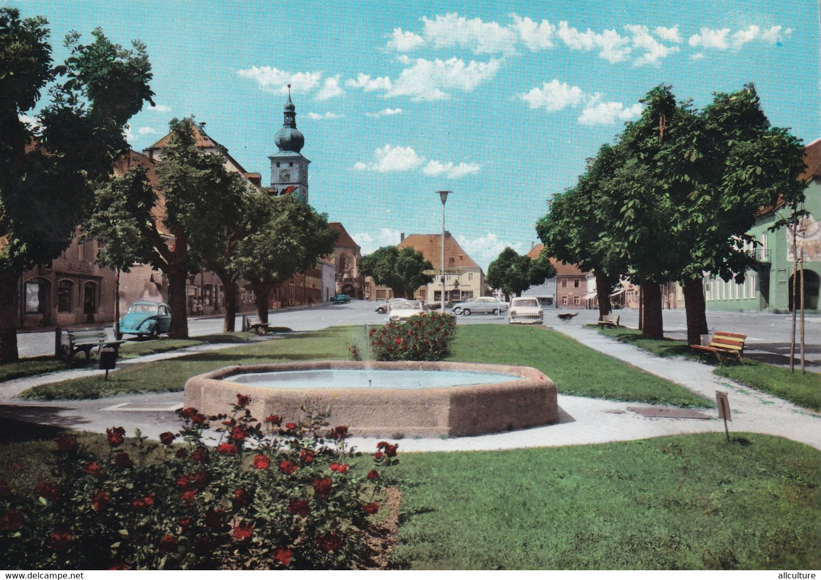 A11511- CITY CENTER, FOUNTAIN CHURCH ARCHITECTURE VINTAGE AUTO PARK, TIRSCHENREUTH BAYERN GERMANY DEUTSCHLAND POSTCARD - Tirschenreuth