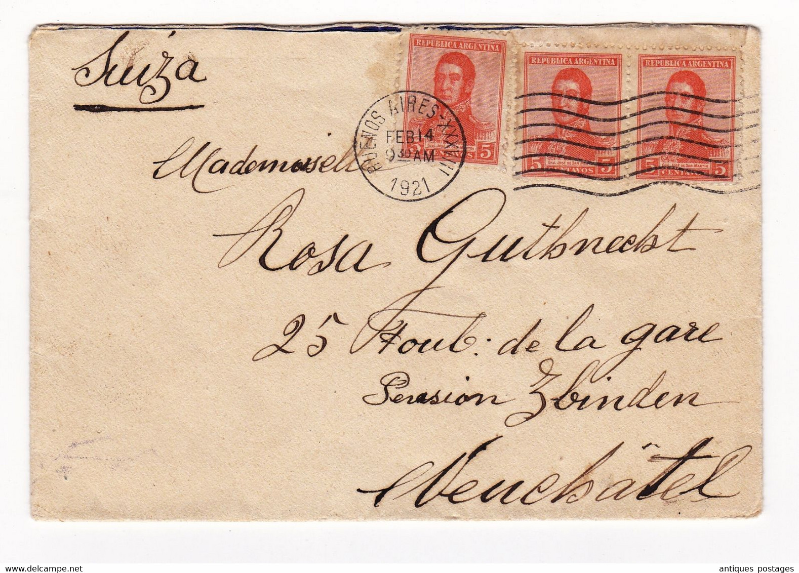 Lettre 1921 Buenos Aires Argentine Argentina Neuchâtel Suisse Suiza Paire Timbres José De San Martín Pension Zbinden - Lettres & Documents