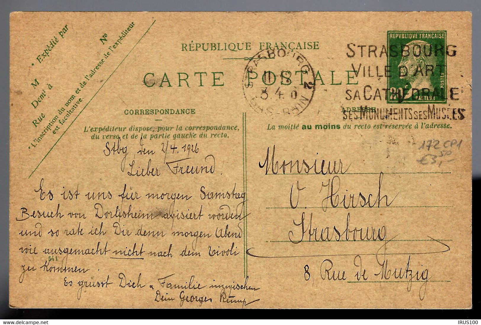 ENTIER POSTAL - 20c PASTEUR -  STRASBOURG VILLE D'ART - - Standard Postcards & Stamped On Demand (before 1995)