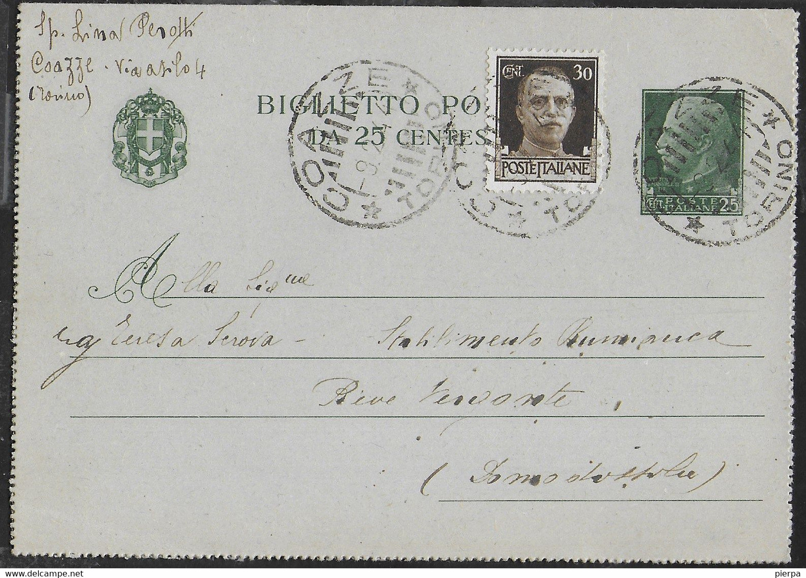 STORIA POSTALE R.S.I.- ANNULLO DCLR "COAZZE*9.2.44*TORINO " SU BIGLIETTO POSTALE CENT 25 PER PIEVE VERGONTE (NOVARA) - Marcofilía