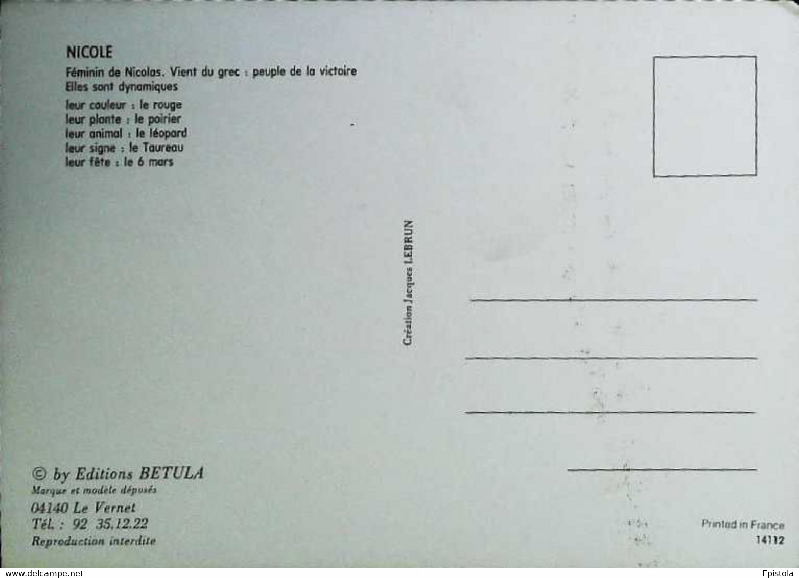 ►  CPSM  Prénom  Nicole    Editions Betula   Le Vernet - Prénoms